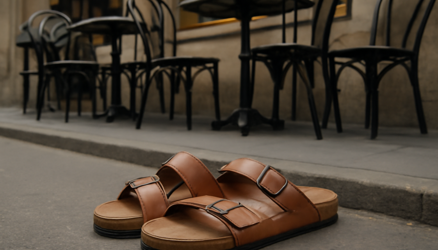 sandales posées près d'une terrasse de café