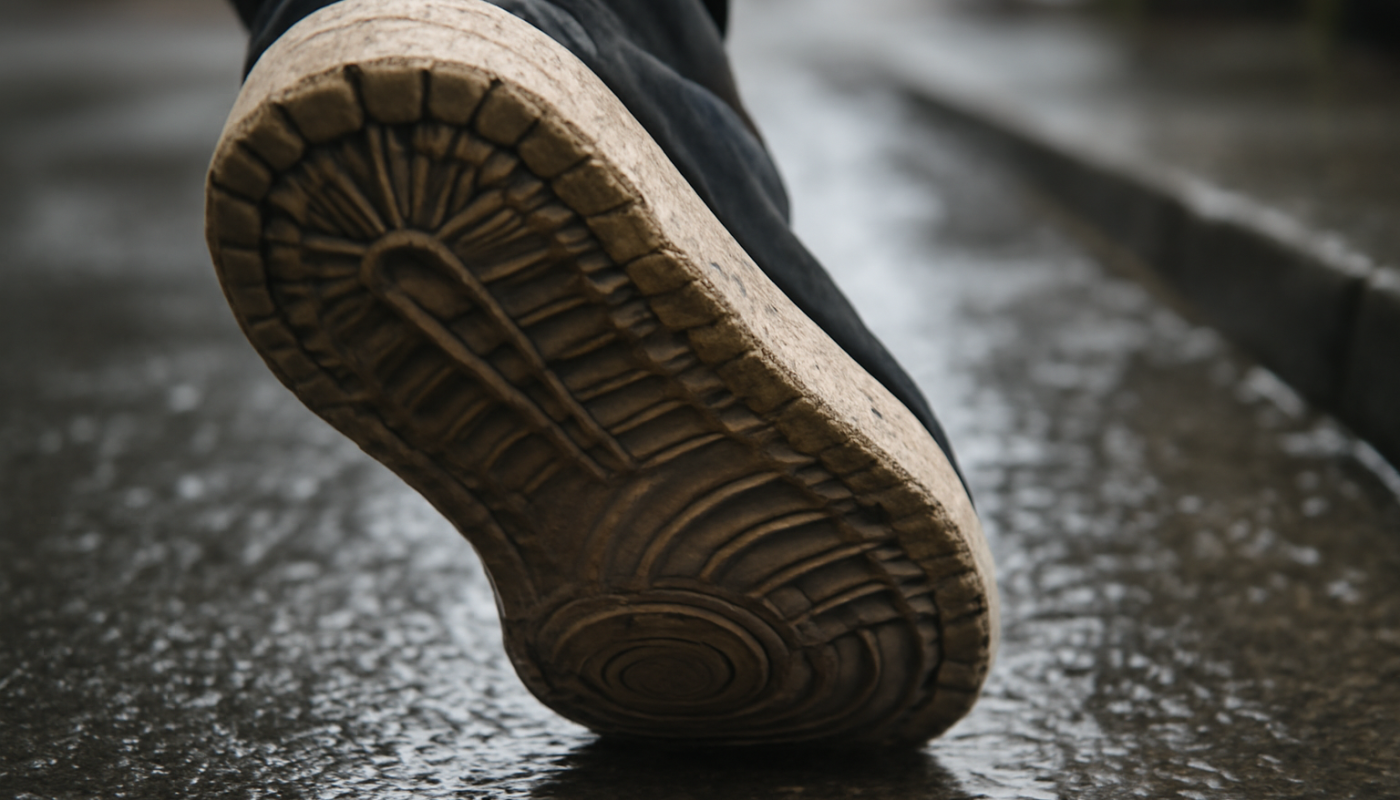 semelle de basket adhérant à un trottoir humide