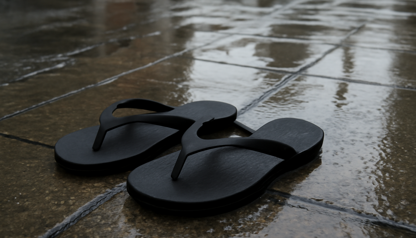 tongs posées sur dalle mouillée urbaine