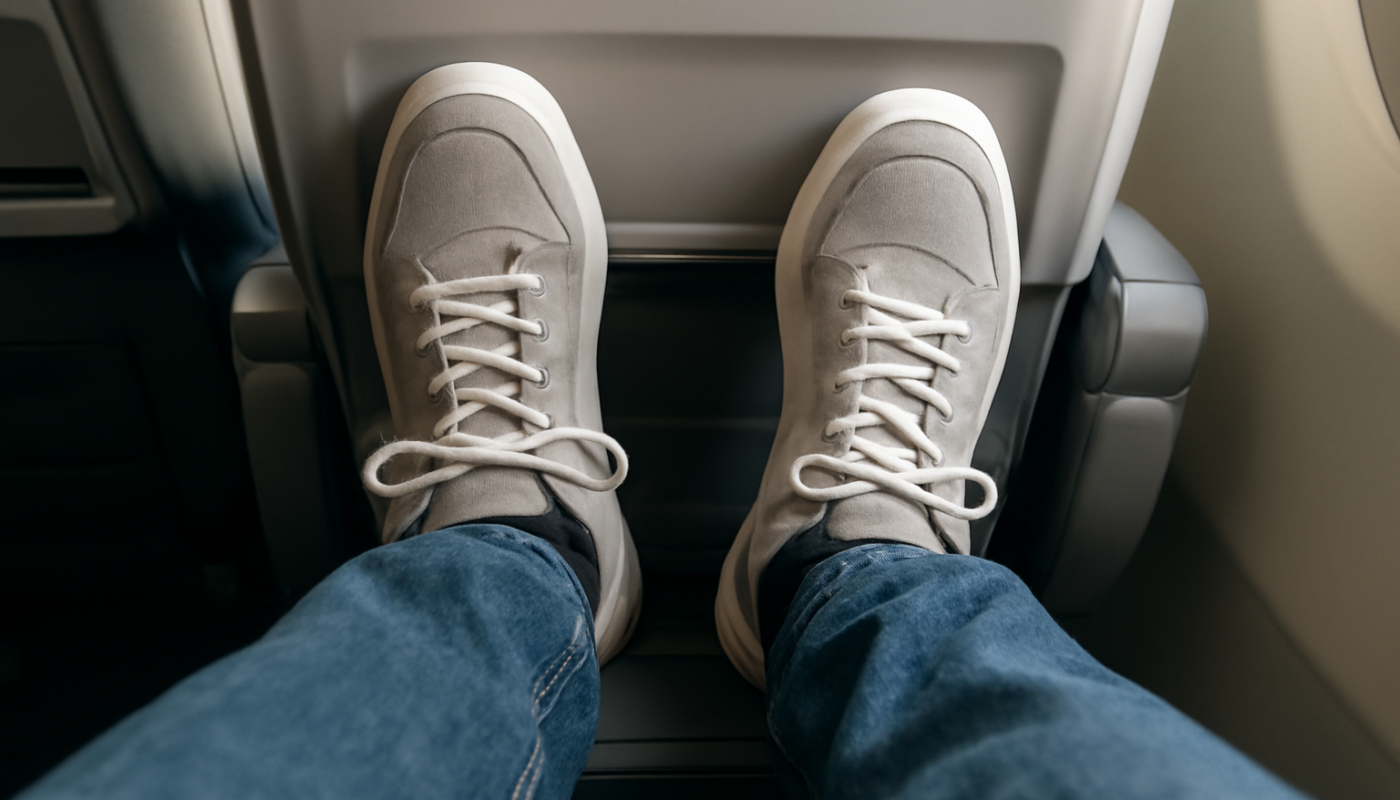 pieds chaussés de baskets sur repose-pied d'avion