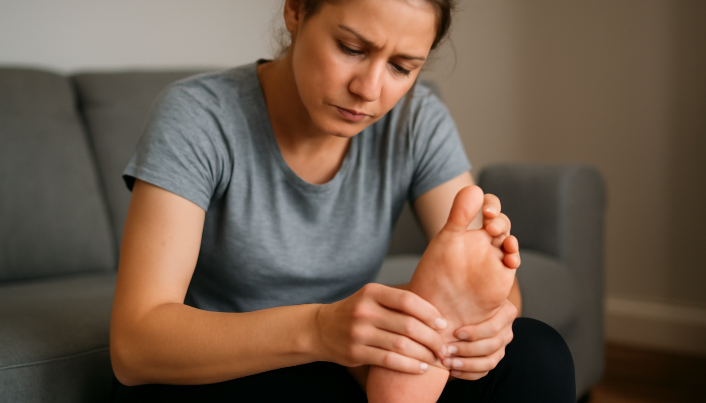femme massant la plante du pied après événement
