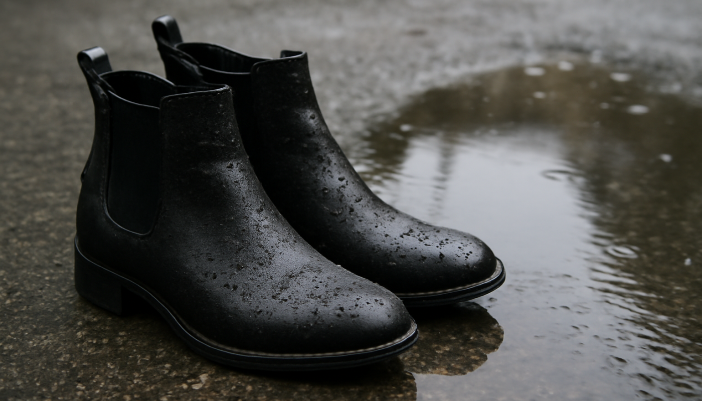 bottines mouillées posées près d'une flaque
