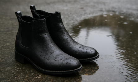 bottines mouillées posées près d'une flaque