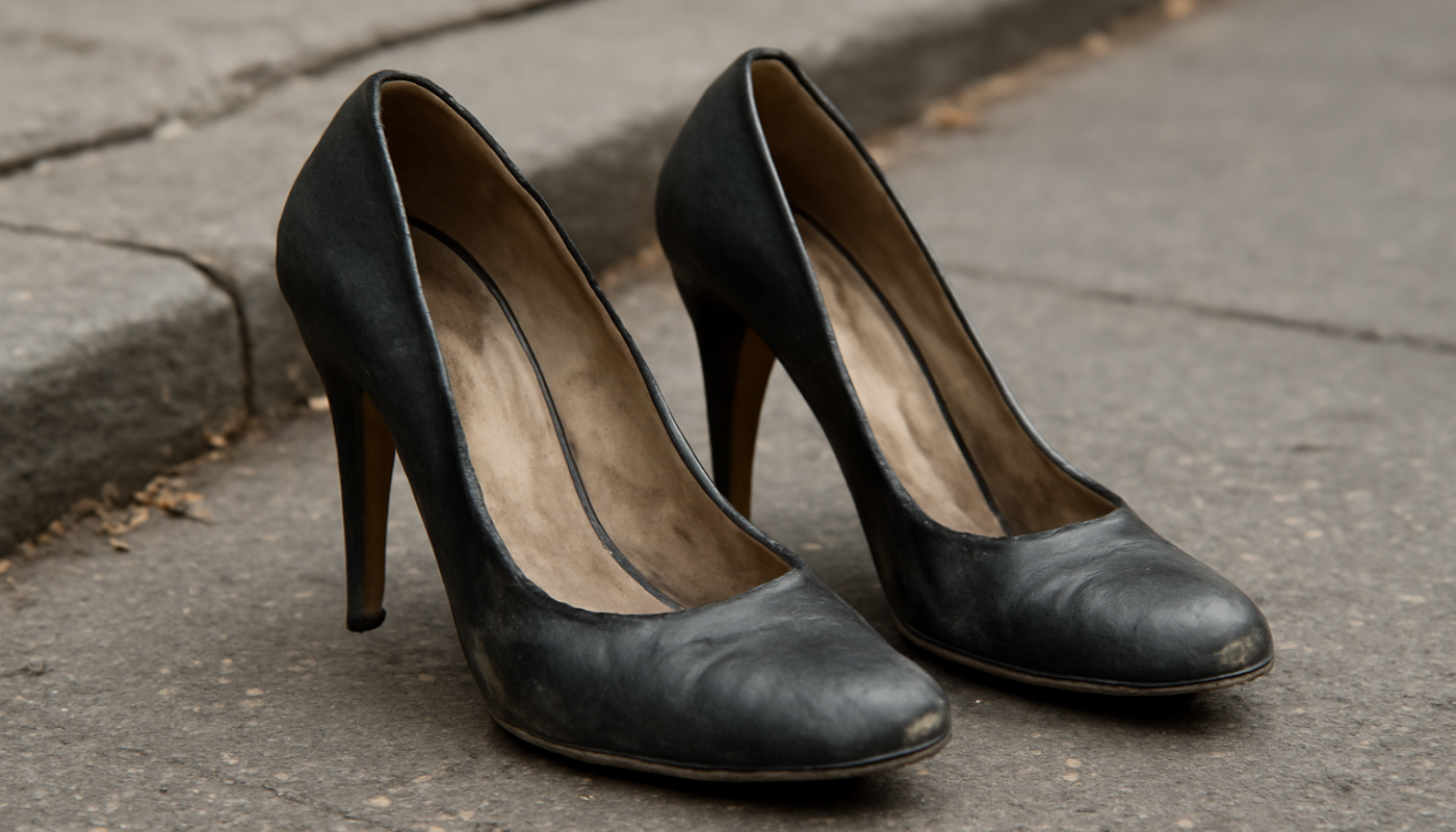 paire de talons usés sur trottoir