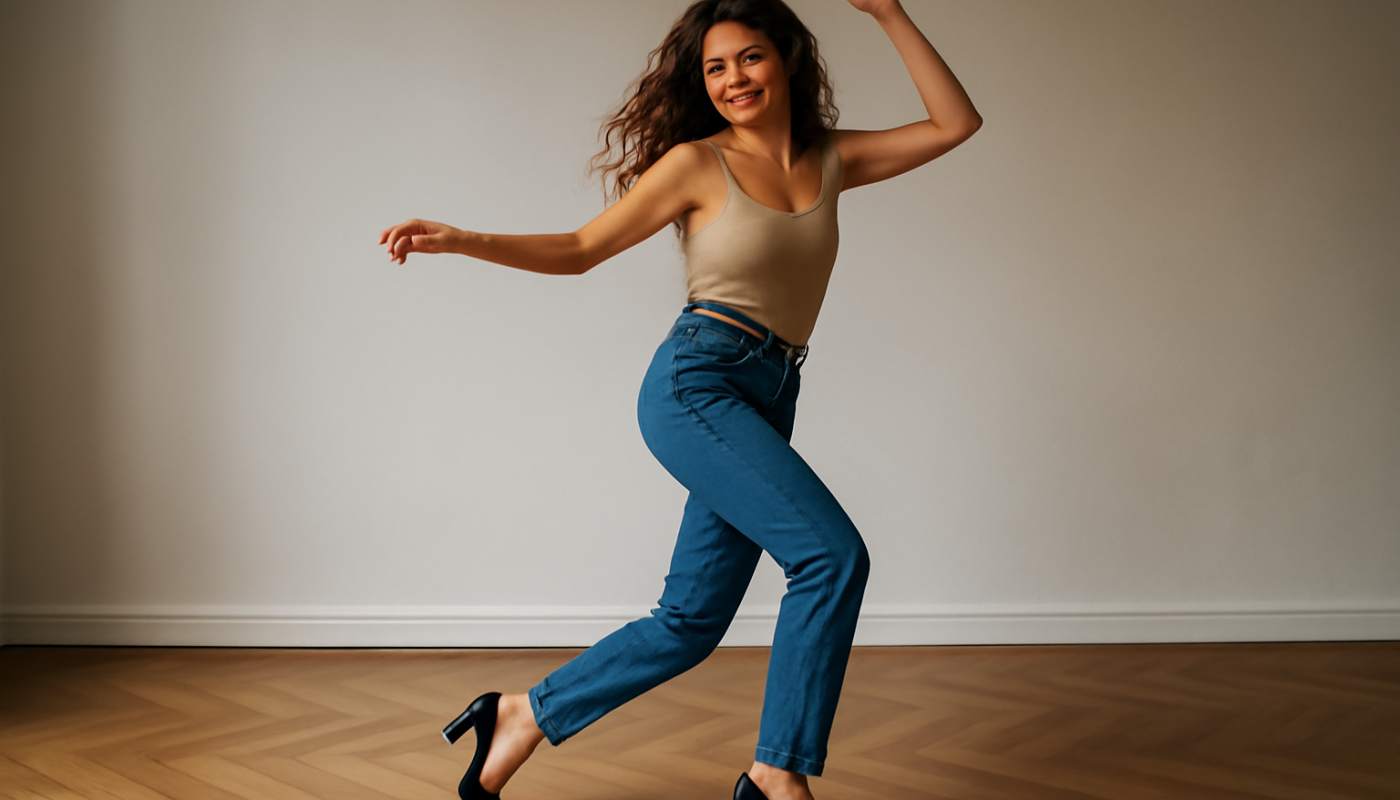 femme dansant en talons carrés sur parquet