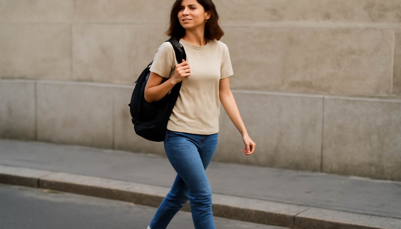 femme portant baskets et sac à dos
