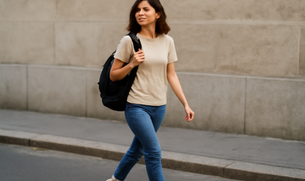 femme portant baskets et sac à dos