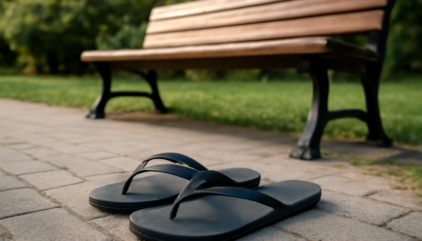 tongs posées près d'un banc de parc