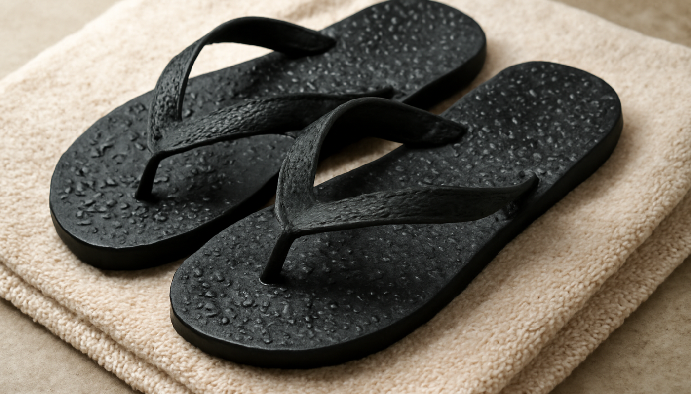 paire de tongs humide posée sur serviette
