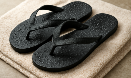 paire de tongs humide posée sur serviette
