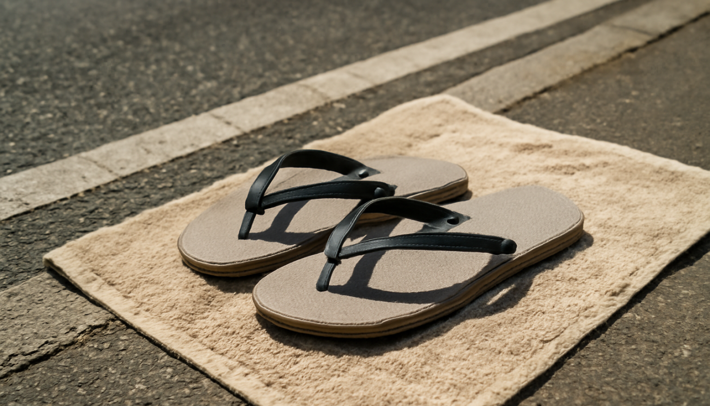 tongs posées sur serviette près d'une rue