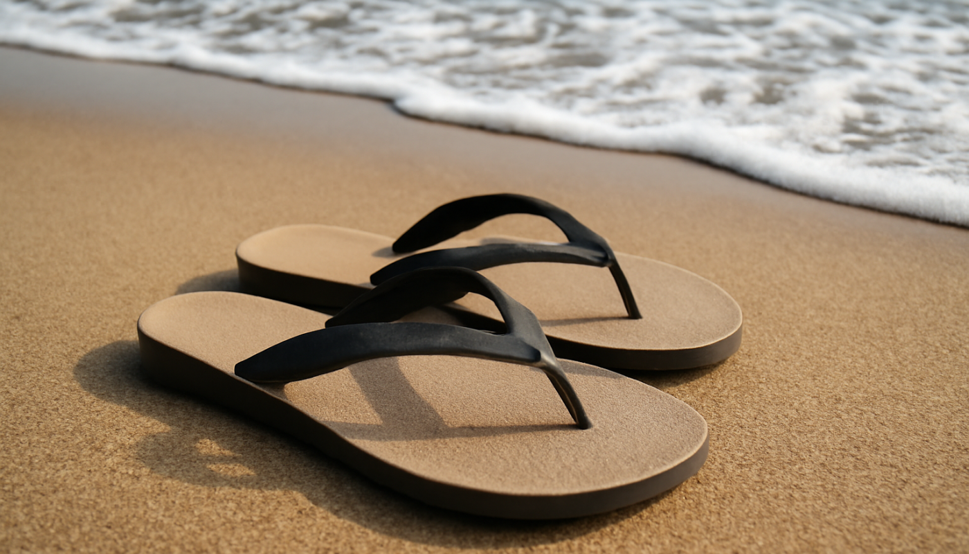 tongs posées sur sable près de vague