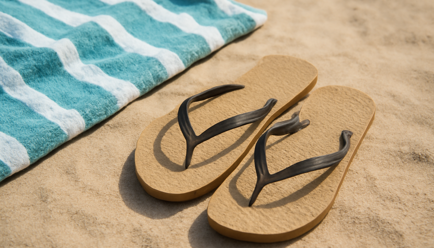 tongs posées près d'une serviette de plage