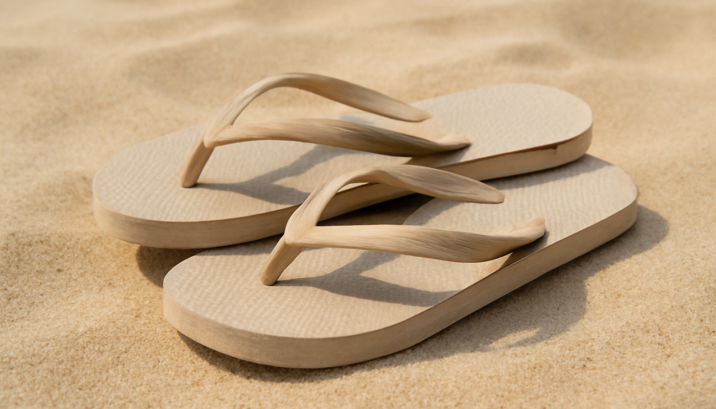 tongs empilées sur du sable fin