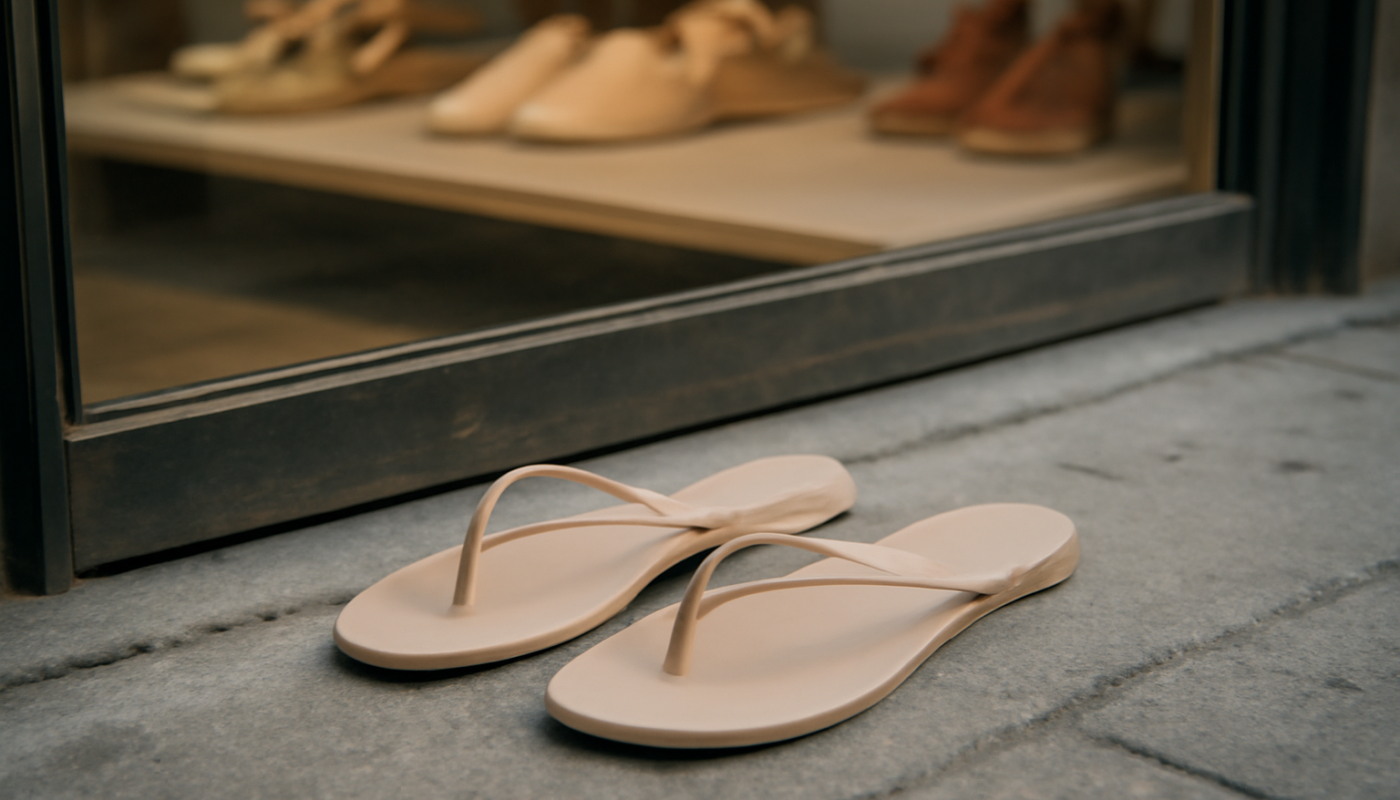 tongs fines posées devant une vitrine de magasin