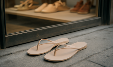 tongs fines posées devant une vitrine de magasin