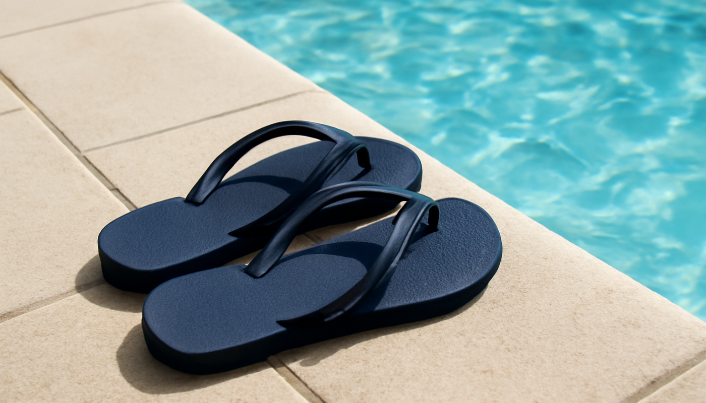 tongs posées près d'une margelle de piscine