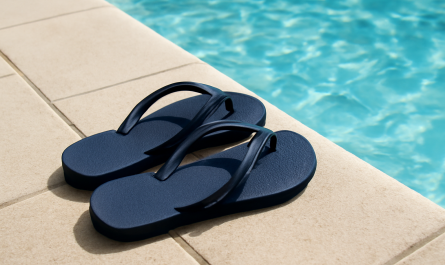tongs posées près d'une margelle de piscine
