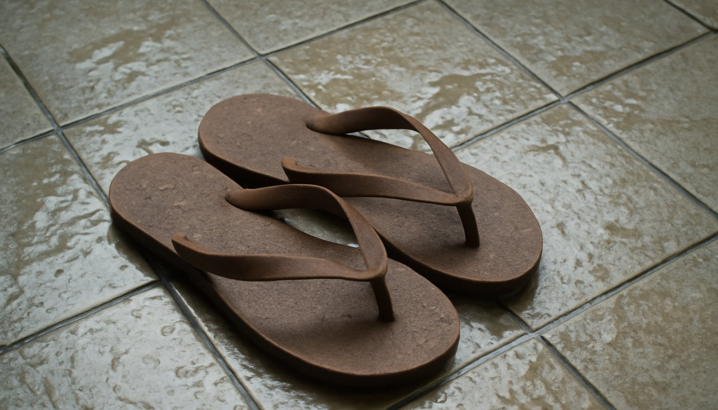tongs posées sur sol carrelage mouillé