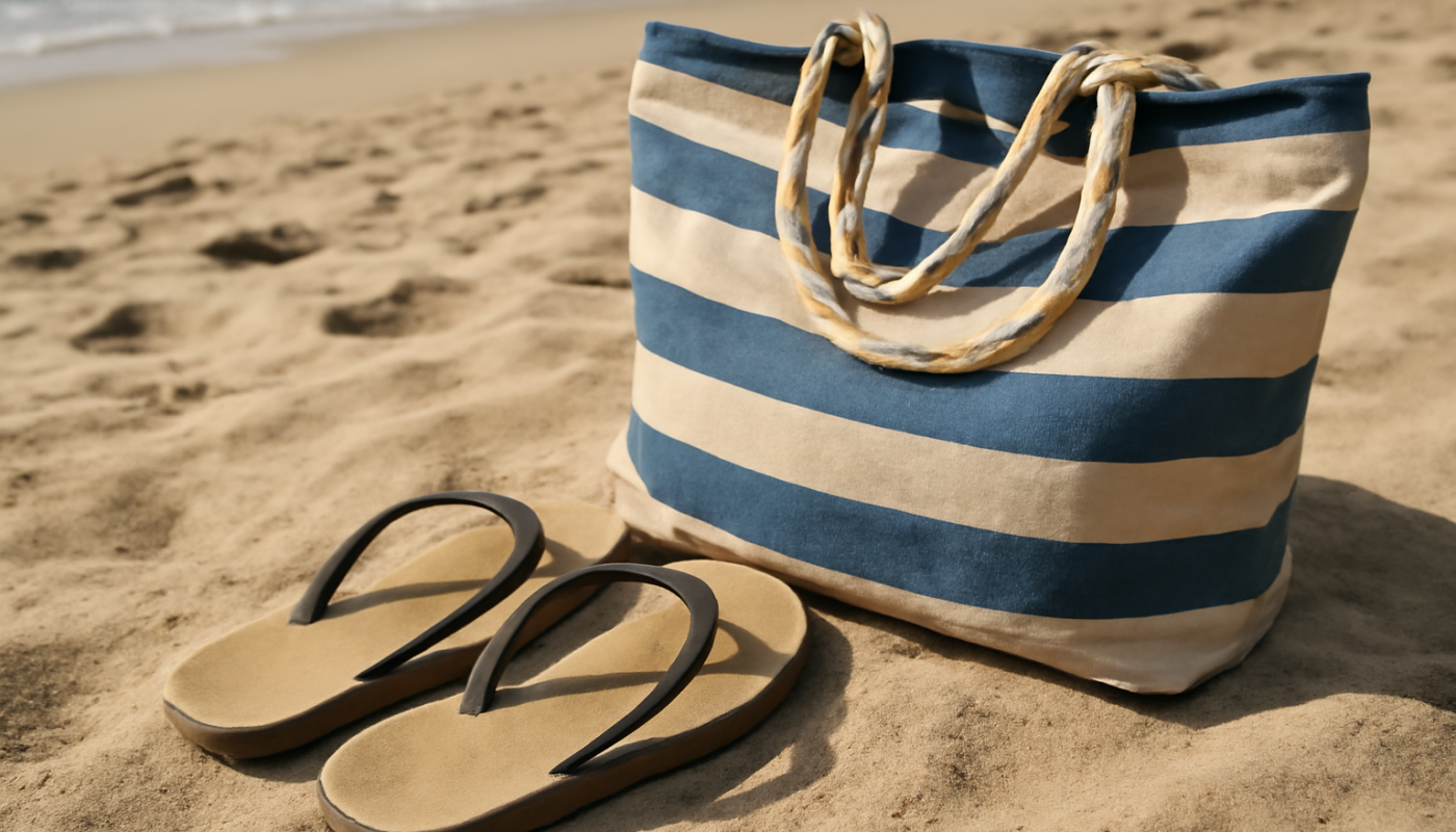 tongs posees a cote d_un sac de plage