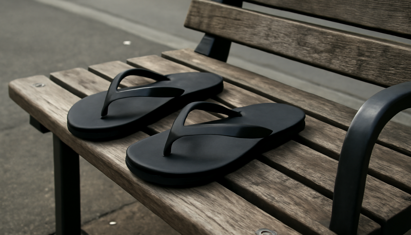 tongs simples posees sur banc urbain