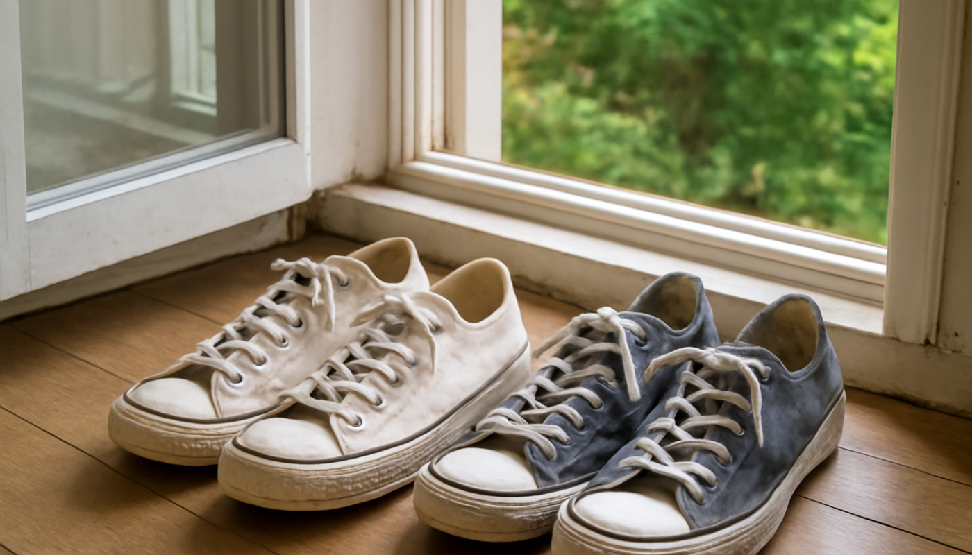 paires de baskets posées près d'une fenêtre ouverte