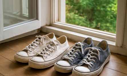 paires de baskets posées près d'une fenêtre ouverte