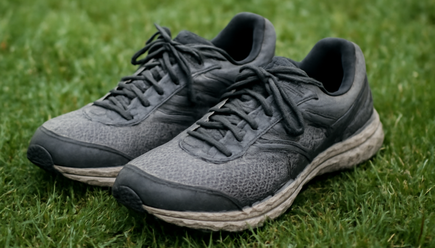 baskets de running posees sur herbe humide