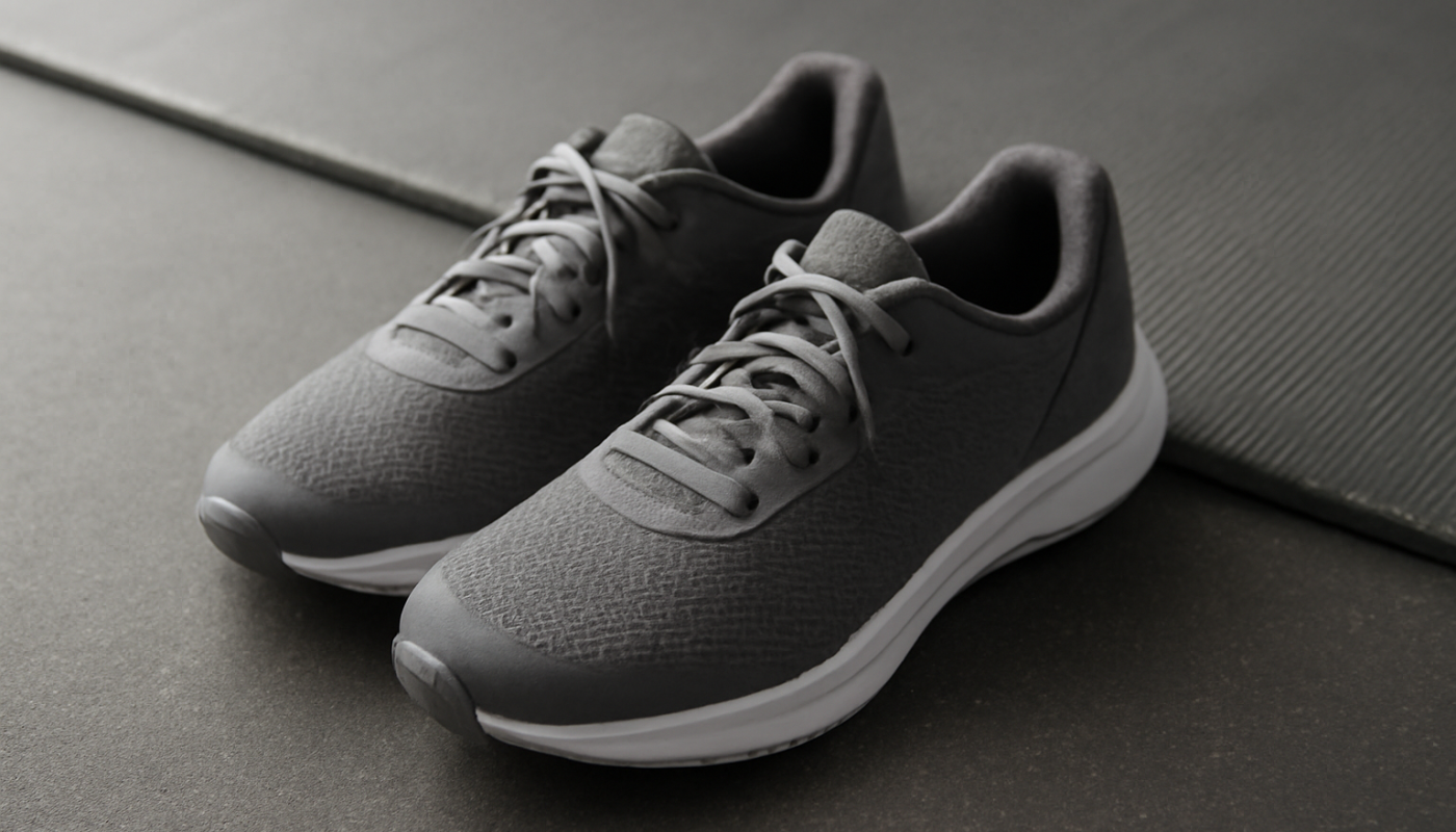 chaussures de sport pres d'un tapis de gym