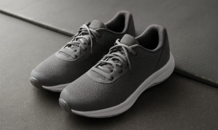chaussures de sport pres d'un tapis de gym