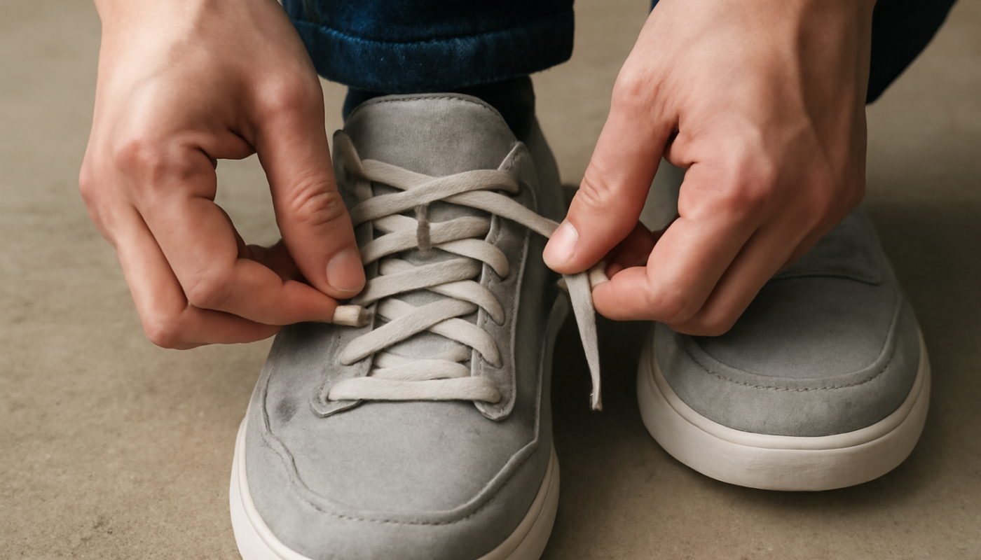 mains élargissant lacets d'une paire de baskets