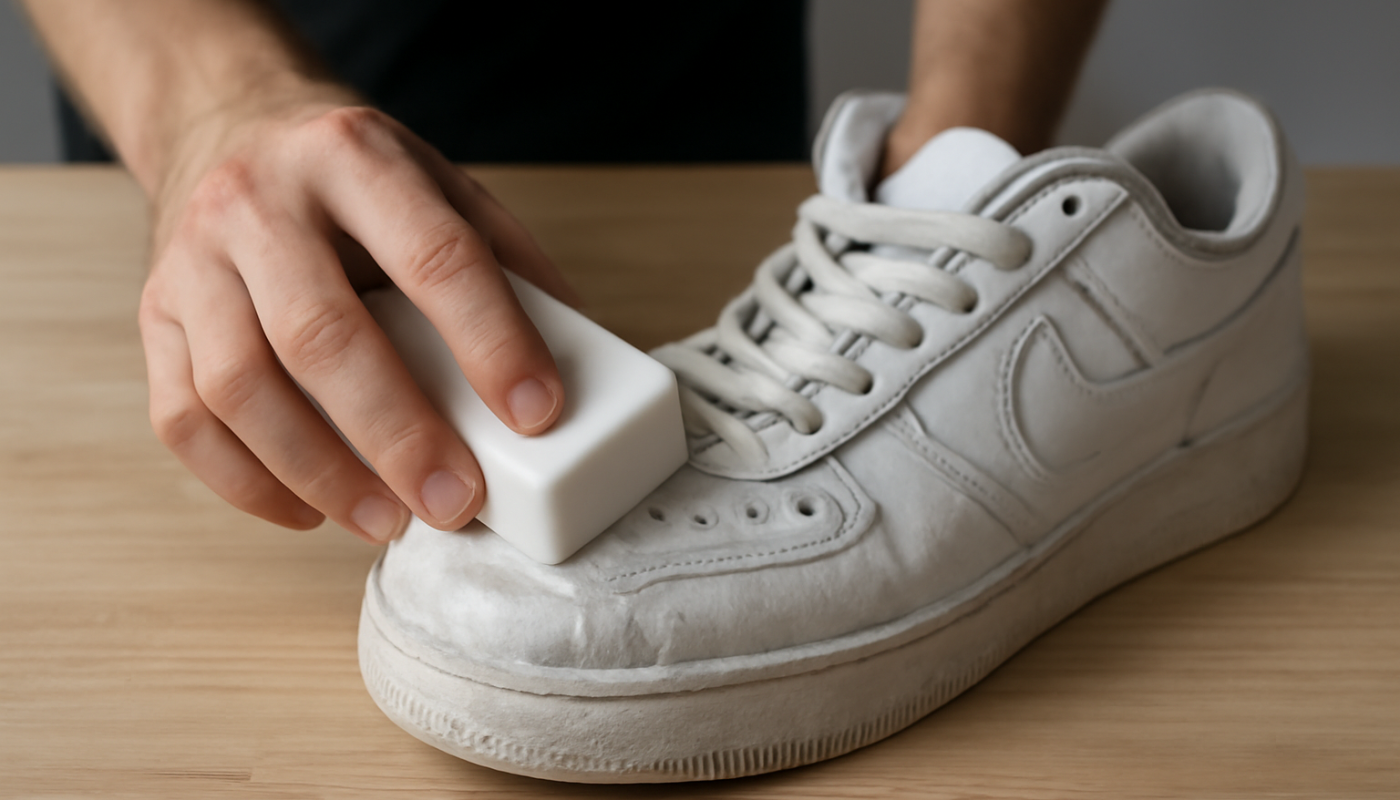mains nettoyant des baskets blanches sur table