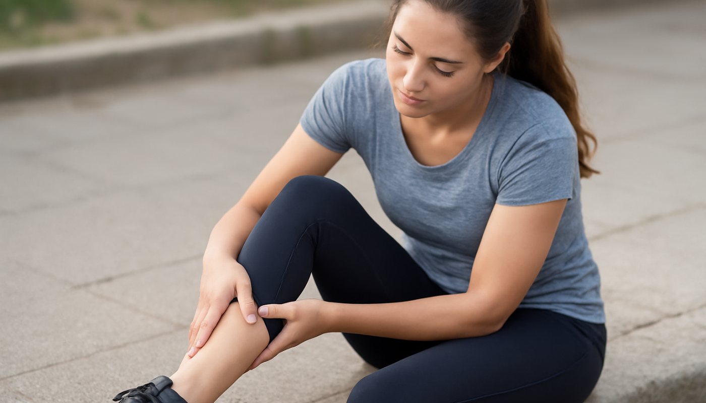 femme assise massant ses mollets après marche