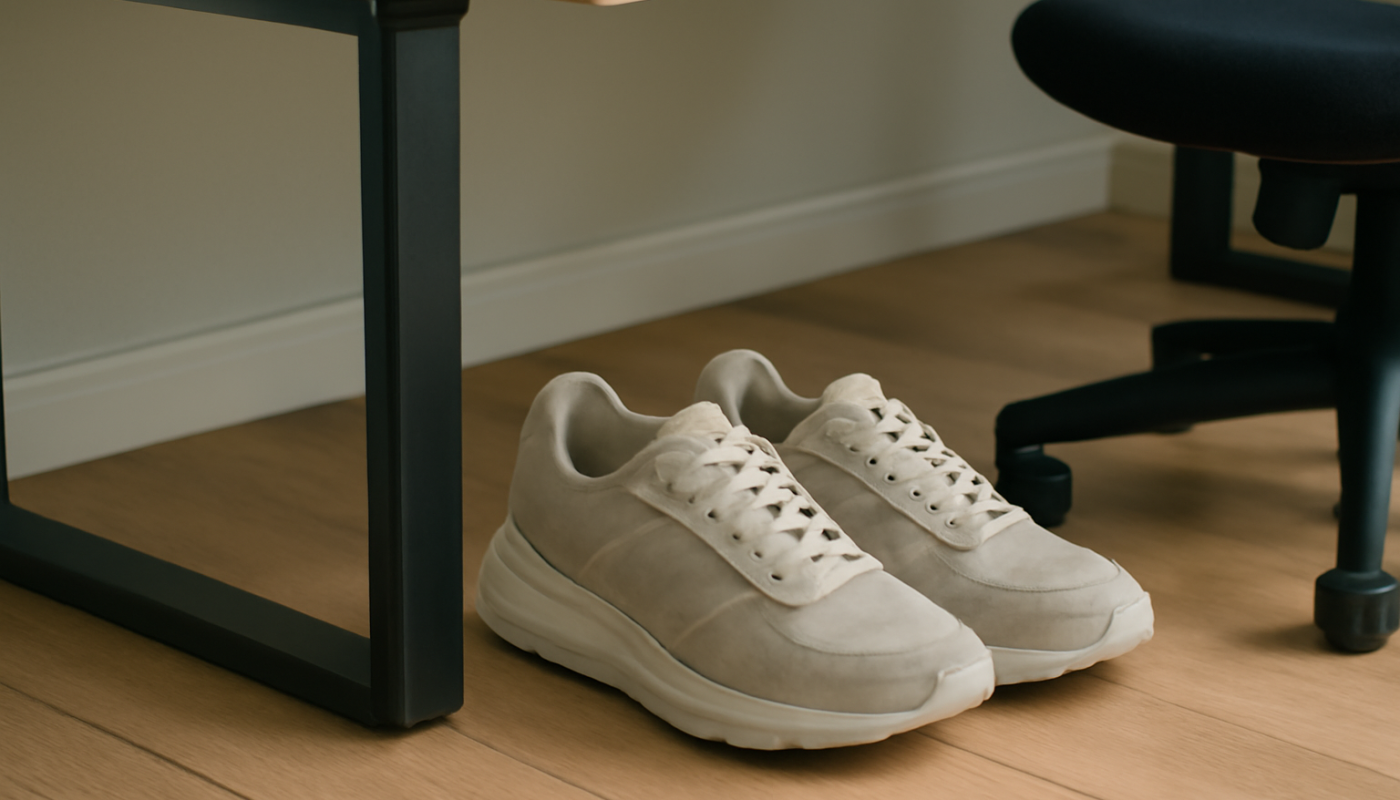 baskets sous un bureau moderne