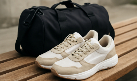 baskets posées près d'un sac de sport sur banc