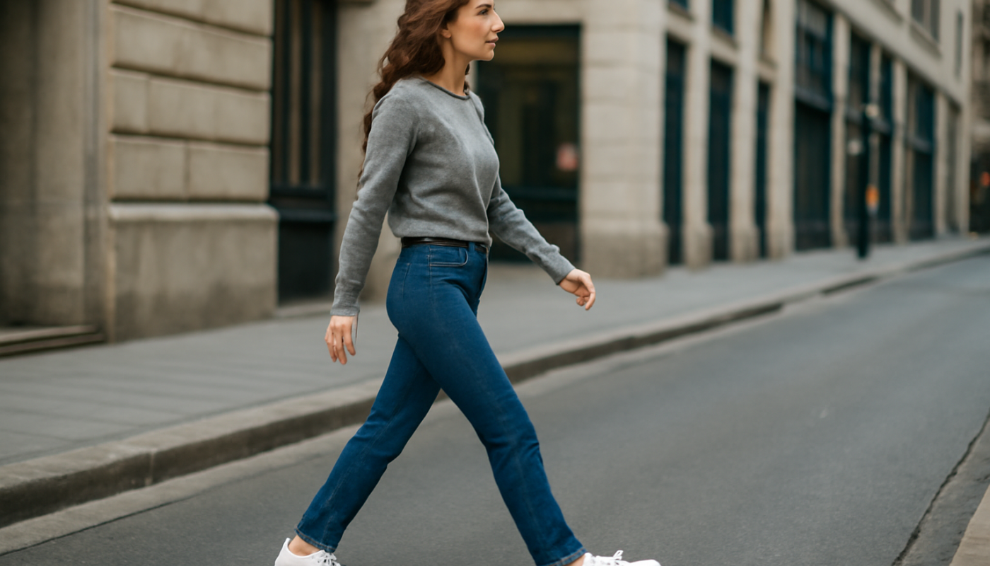 femme marchant en baskets en ville