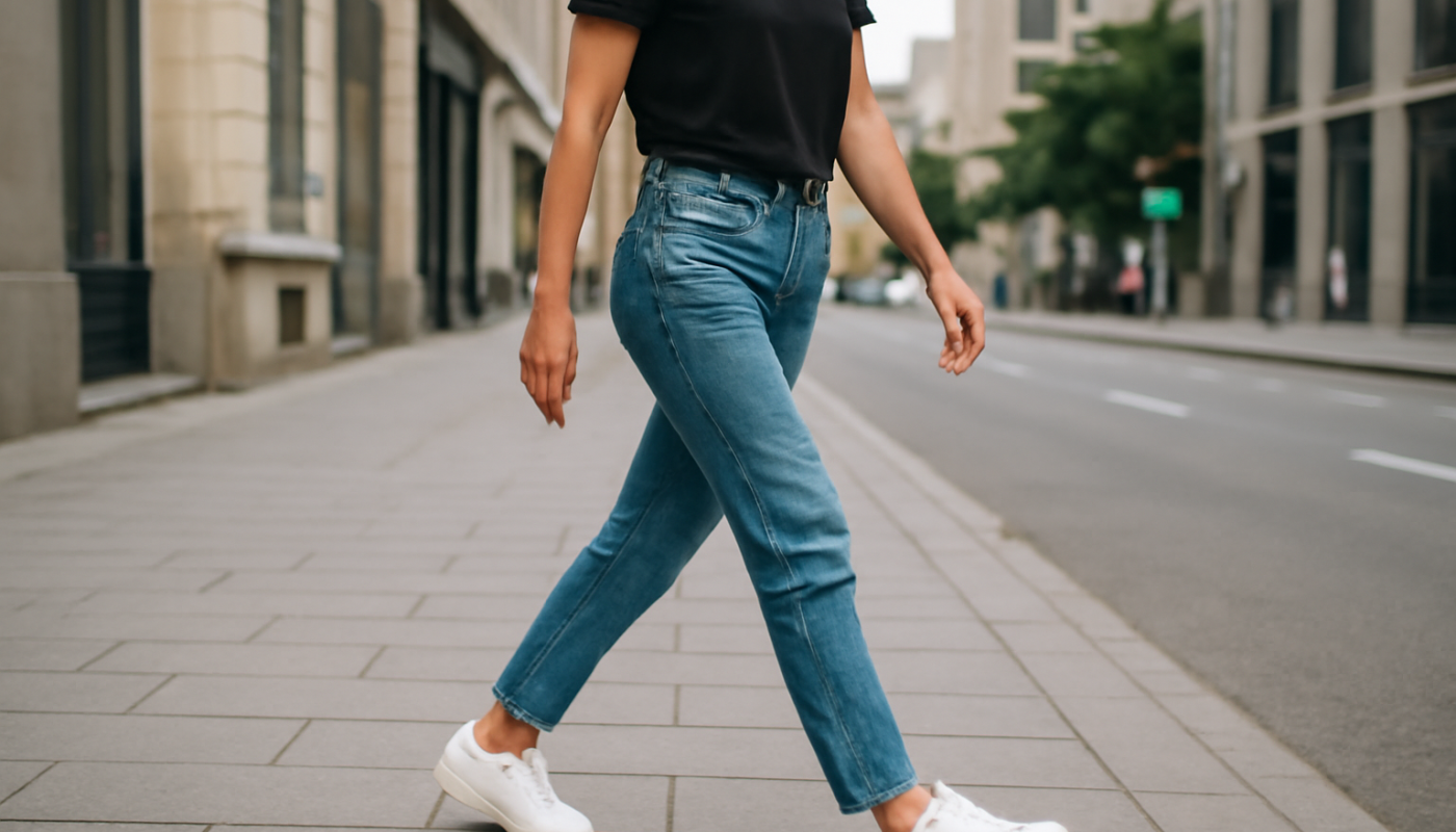 femme marchant en baskets blanches en ville