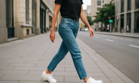femme marchant en baskets blanches en ville