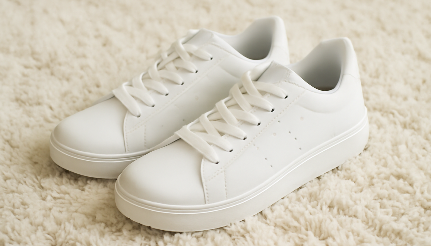 paire de baskets blanches sur tapis doux