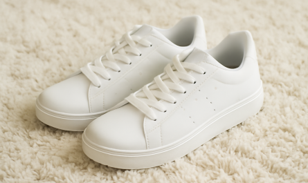 paire de baskets blanches sur tapis doux