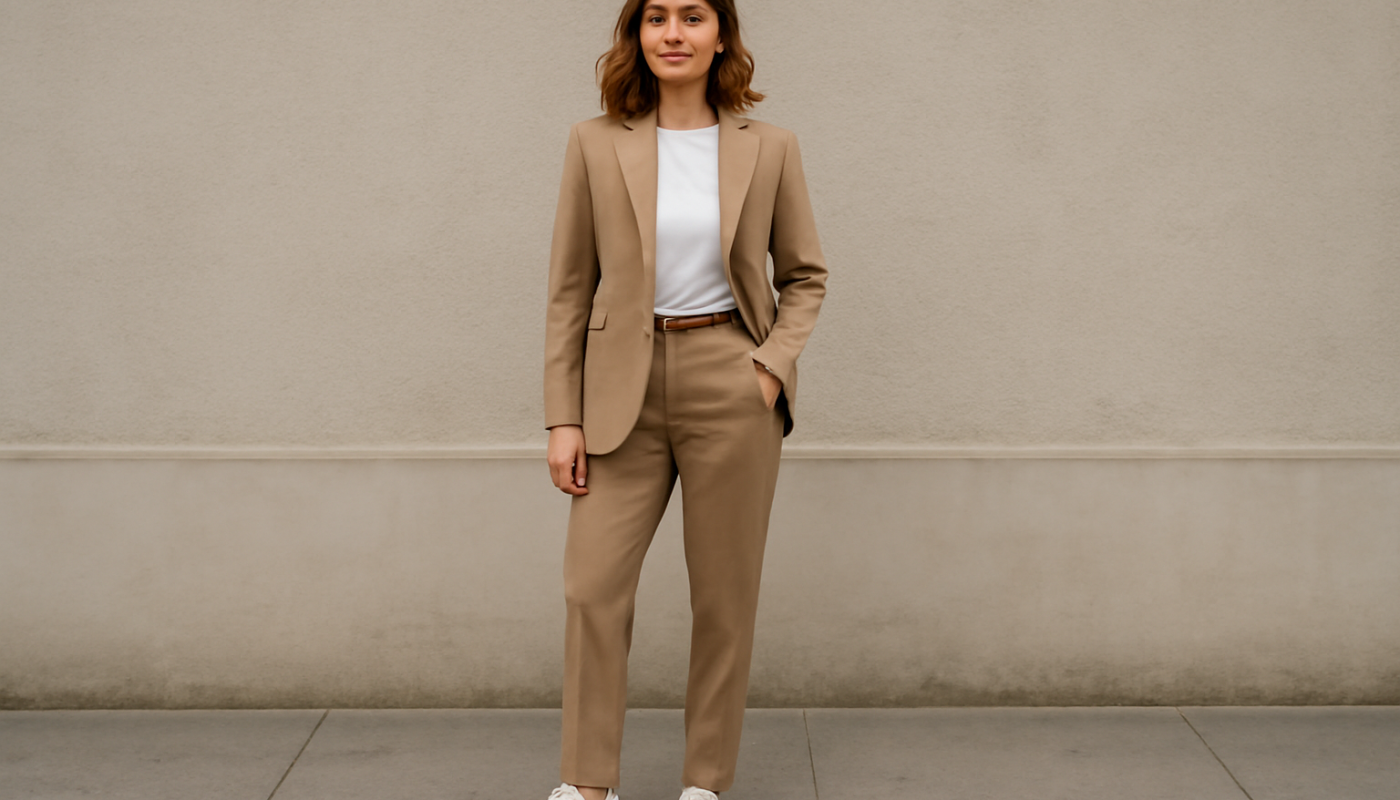 femme portant tailleur et baskets minimalistes