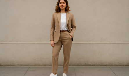 femme portant tailleur et baskets minimalistes