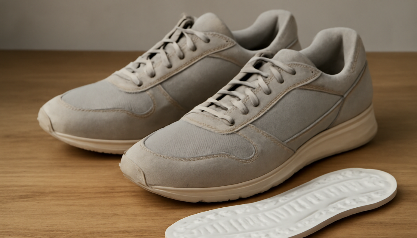 paire de baskets avec semelle retirée posée