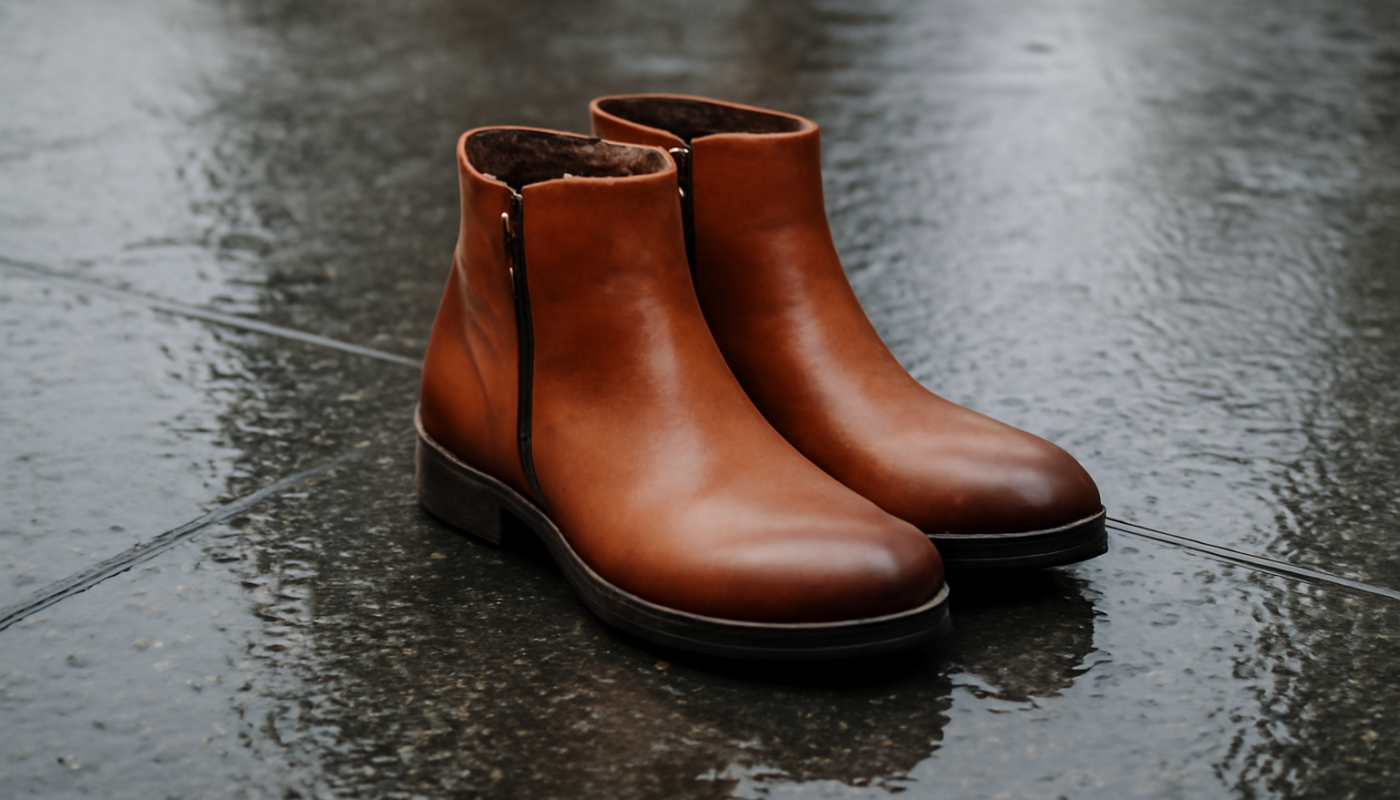 bottines posées sur trottoir mouillé