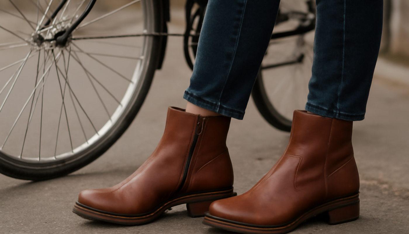 personne en bottines près d'un vélo