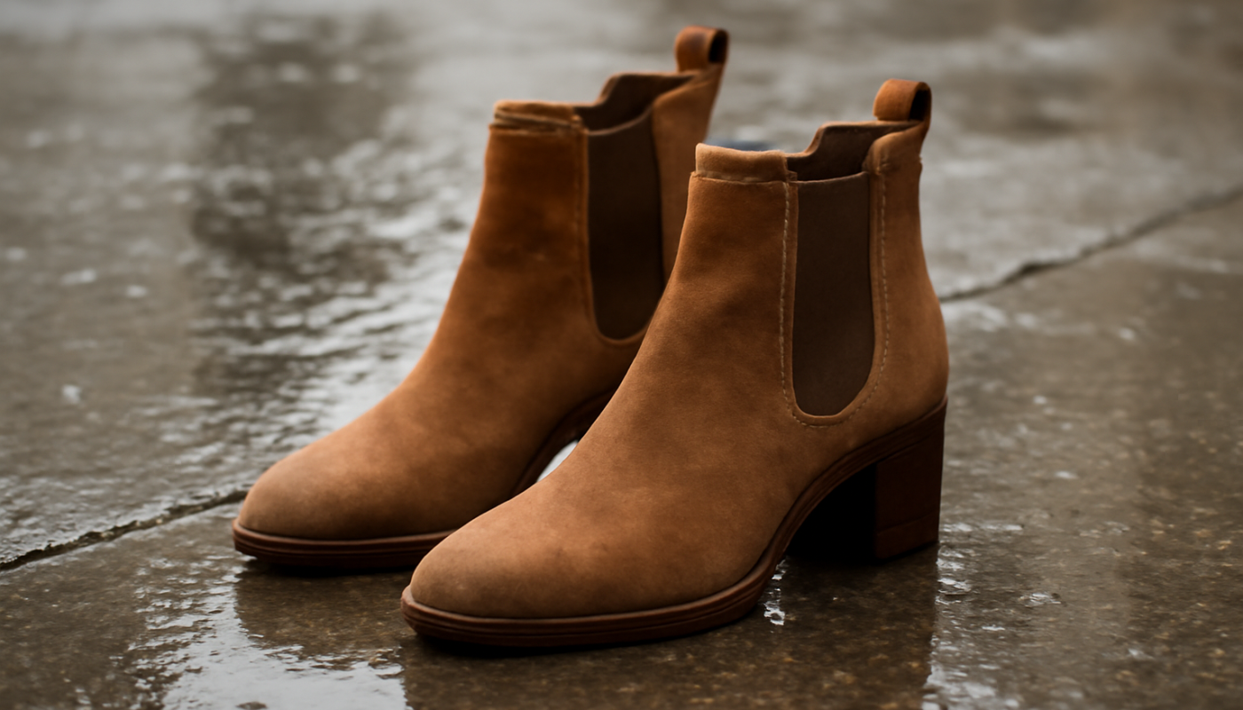 bottines posées sur trottoir mouillé