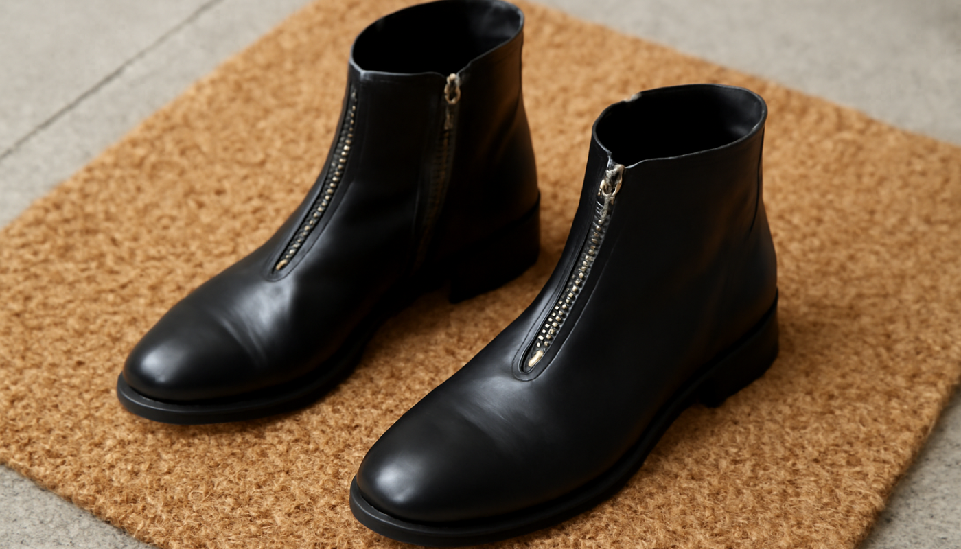 bottines avec zip ouvertes sur paillasson