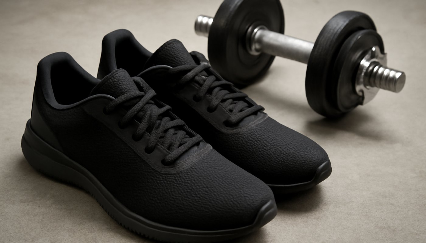 chaussures sport posees pres d'halteres
