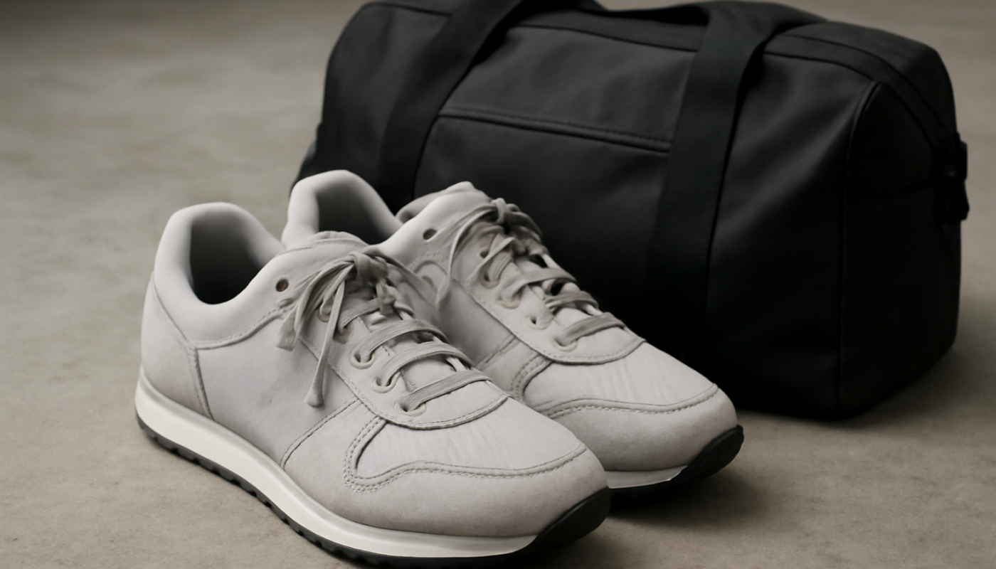 paire de baskets pres d'un sac de sport