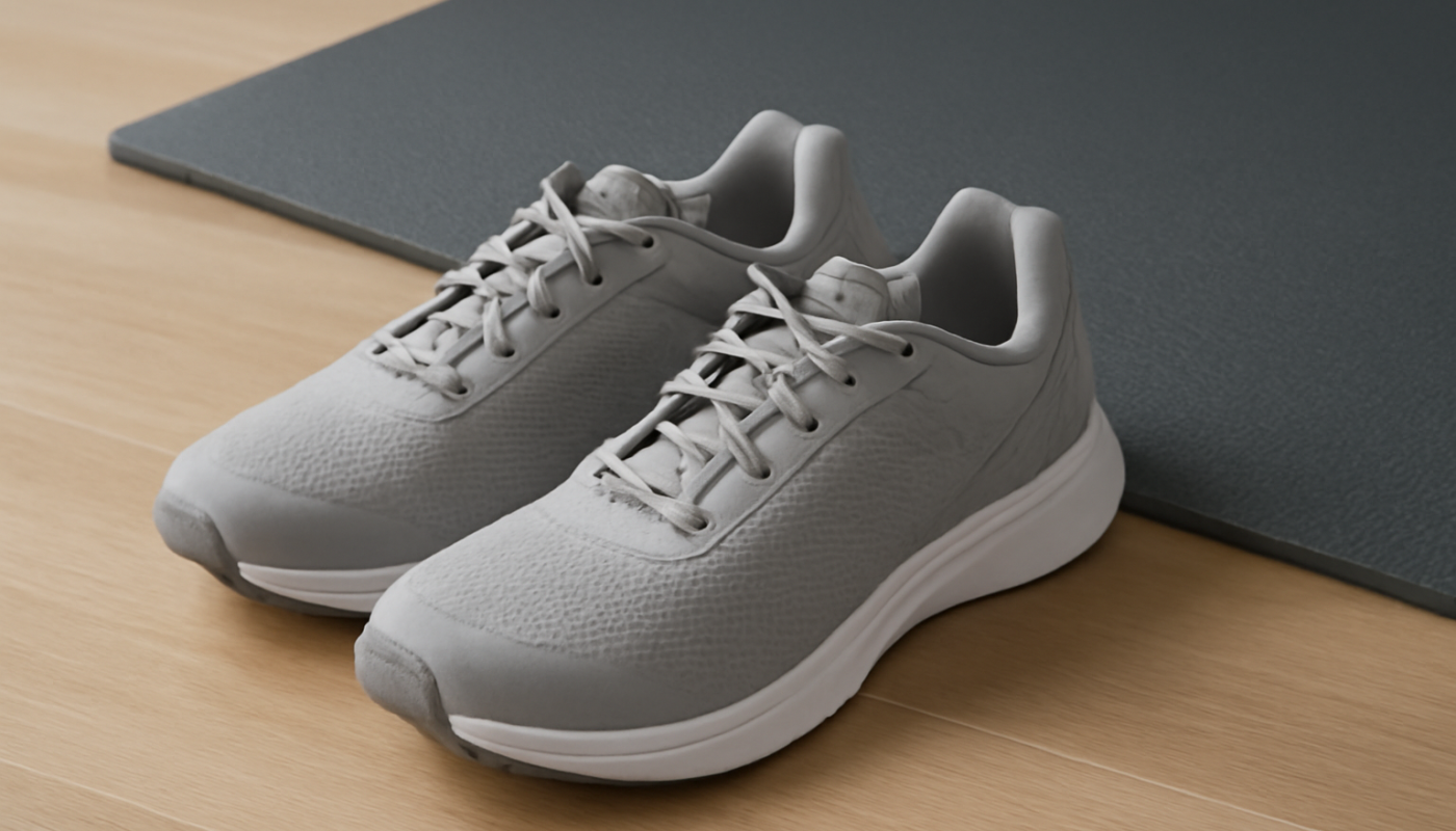 paire de baskets de training près d'un tapis